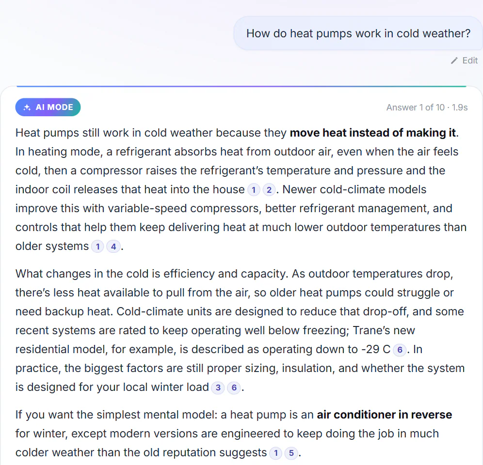 The start of an AI Mode answer: the question in a bubble, the AI Mode label with the answer number and time, and the answer text with small numbered citations