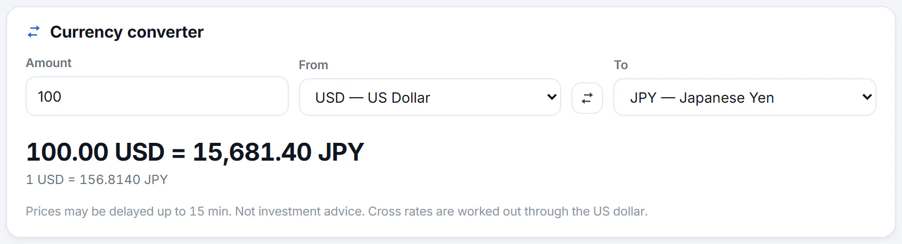 The Currency converter card: an amount box, From and To currency menus with a button between them that swaps the two, and the result with the rate for one unit