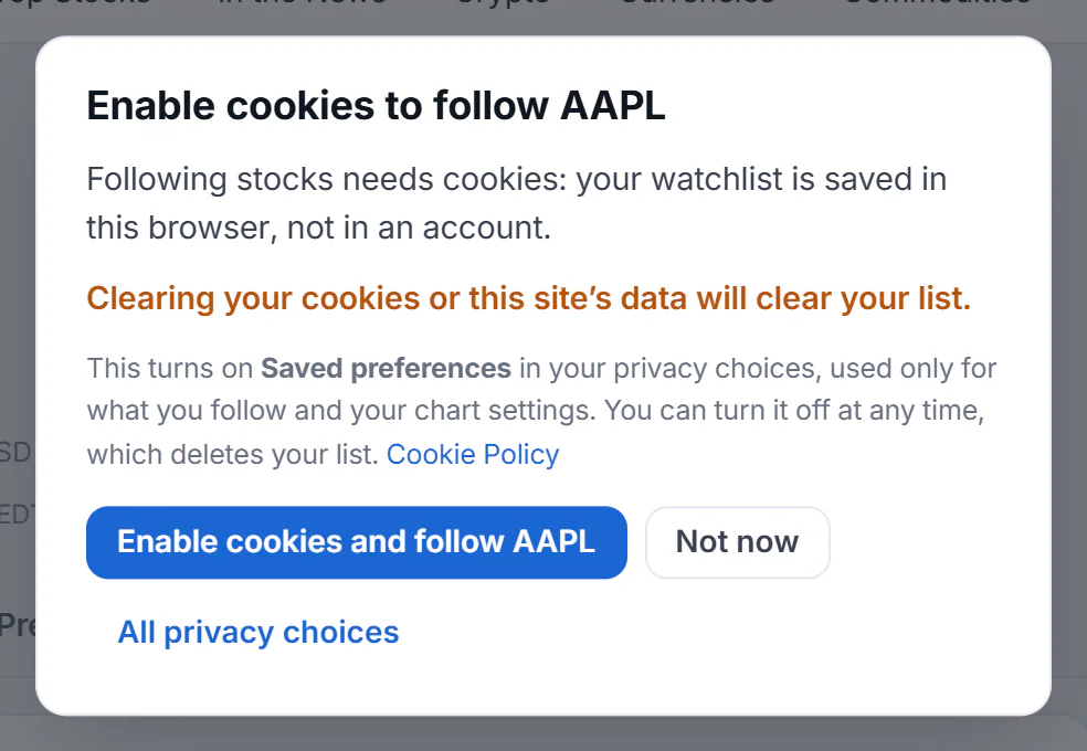 The dialog that appears when you select Follow before turning on Saved preferences: it explains that the list is kept in this browser, warns that clearing cookies clears it, and offers Enable cookies and follow, Not now and All privacy choices