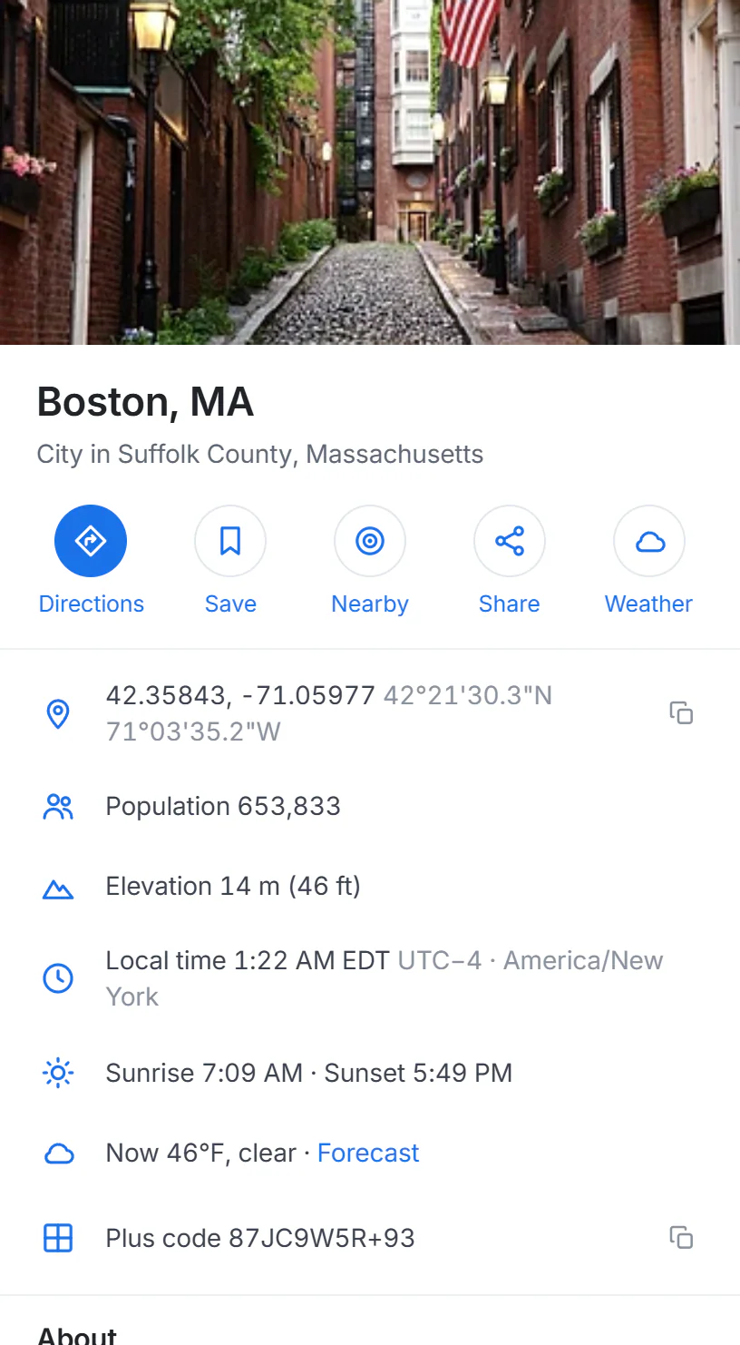 The side panel for the city of Boston: a photo, the name, buttons for Directions, Save, Nearby, Share and Weather, then facts such as position, population, elevation, local time and sunrise