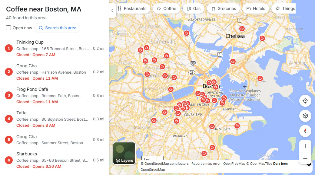 Search results for coffee near Boston: a numbered list of coffee shops with distances on the left, numbered markers on the map, an Open now checkbox and a Search this area button
