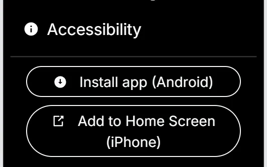 The bottom of the Menu with the two install buttons: Install app (Android) and Add to Home Screen (iPhone)
