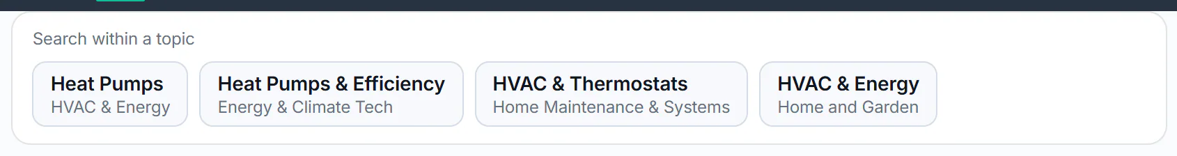 A News search with a card titled Search within a topic that offers topics related to heat pump