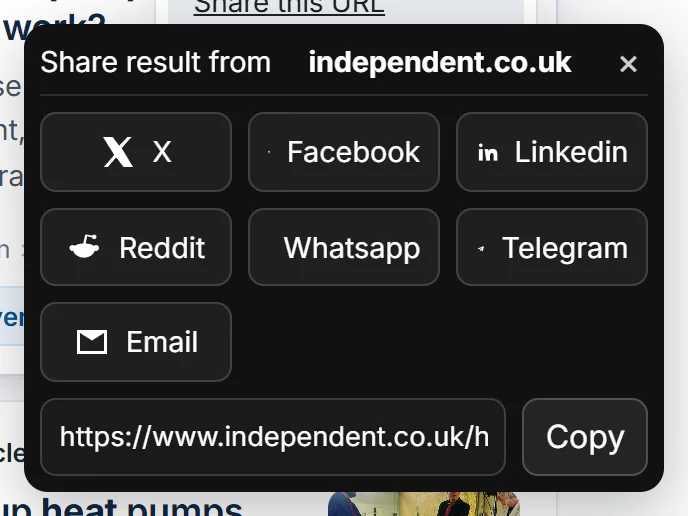 The Share this URL window over a result: buttons for X, Facebook, LinkedIn, Reddit, WhatsApp, Telegram and Email, and the article's address with a Copy button