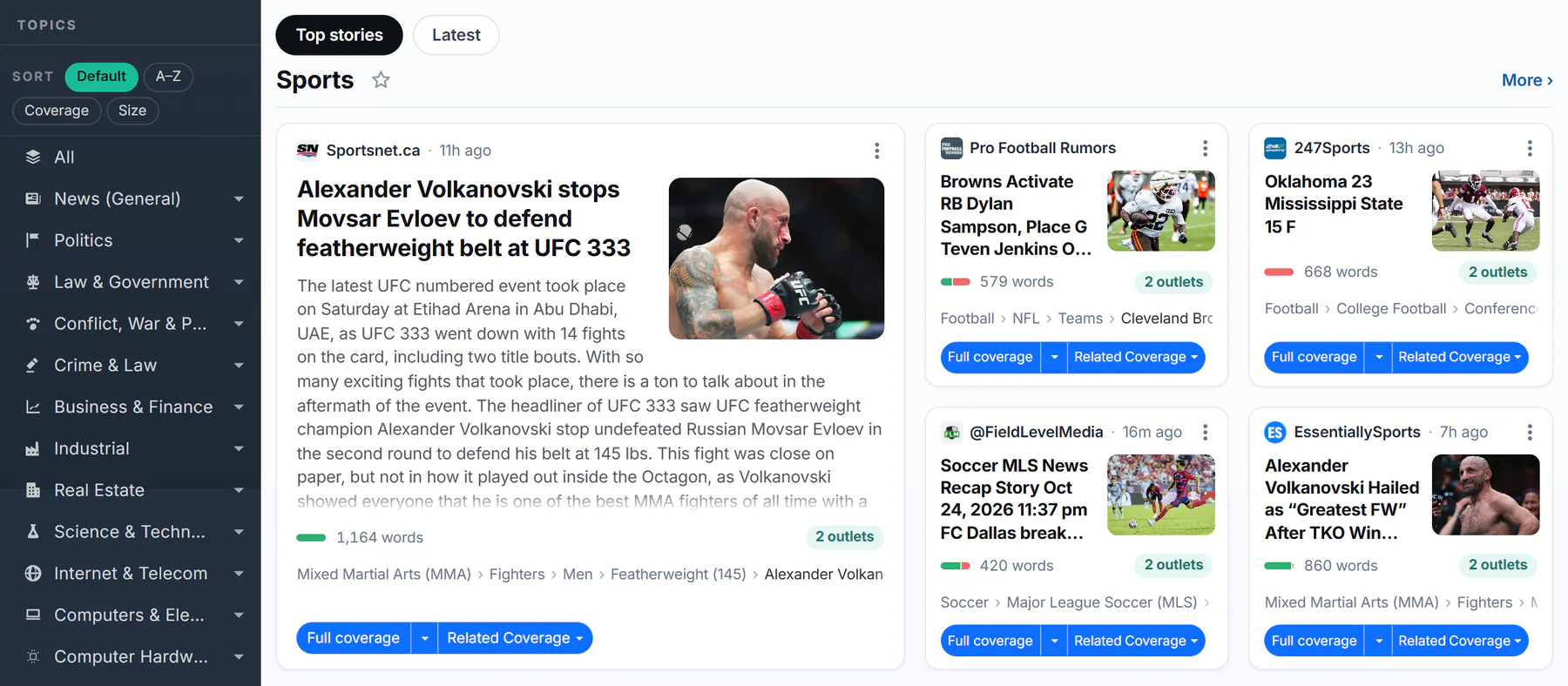 The topics list on the left of the 4Search home page and, beside it, the front page: Top stories and Latest, then a Sports group with a follow star and its first story
