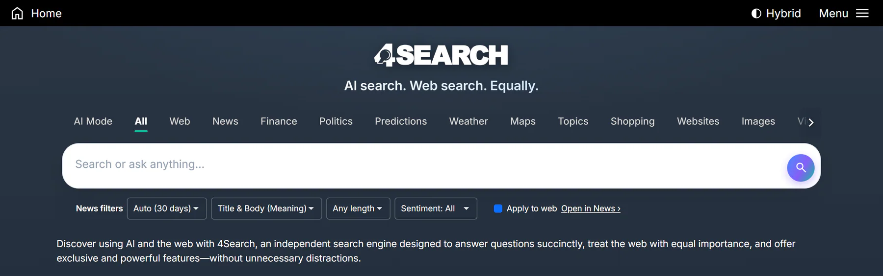The top of the 4Search home page: the Home link, the colour theme button and Menu in the black bar, the service tabs, the search box and the News filters row