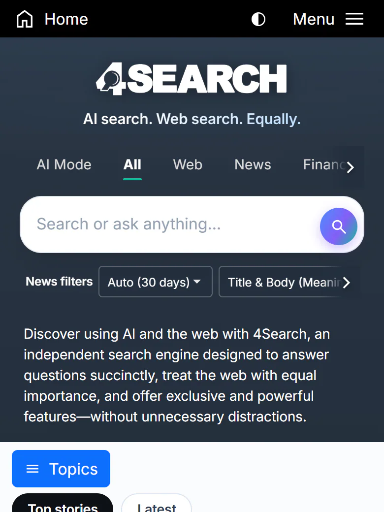 The 4Search home page on a phone: a compact bar with Home, the theme button and Menu, tabs that slide sideways, the search box and a Topics button