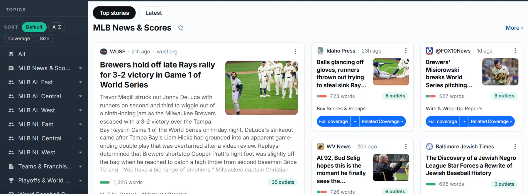 The 4Baseball home page: a Topics list made for baseball, such as MLB News and Scores and MLB AL East, beside a front page whose first group is MLB News and Scores