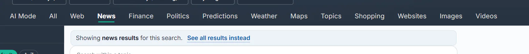 The News tab selected and, under the tabs, the line Showing news results for this search with the link See all results instead