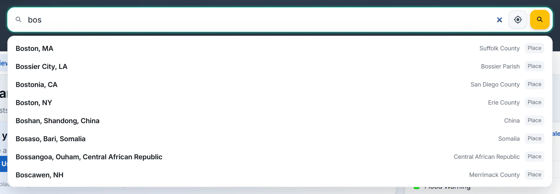 The Weather search box with bos typed in and a list of places below it: Boston, Massachusetts first, each with its county or country and a Place label